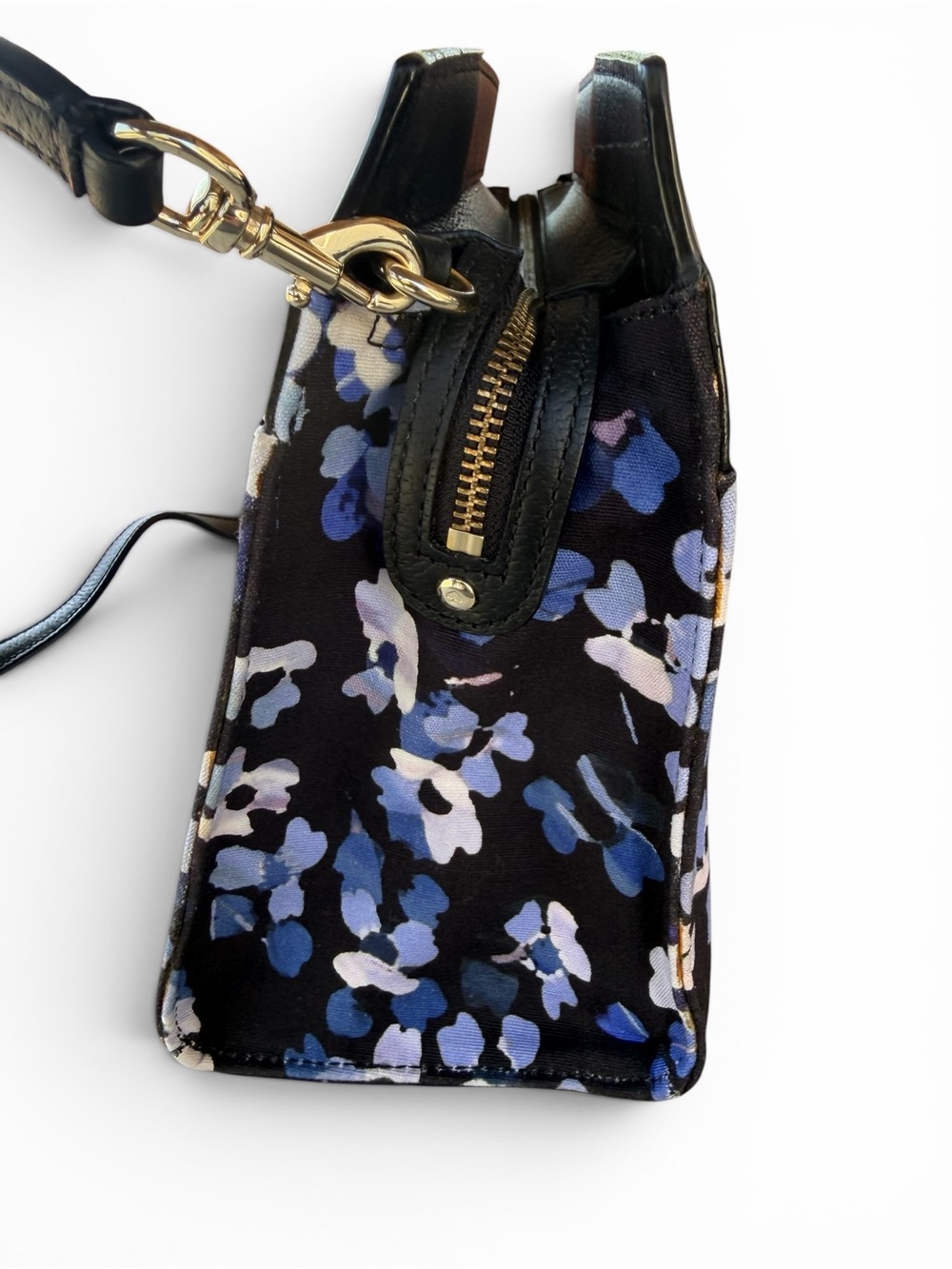 Kate Spade New York Floral Tote Bag Black Leather Top Blue Flower Print - Picture 7 of 10
